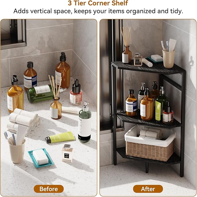 CADUKE Pedestal Sink Shelf, 2 Pack Under Sink Organizers and Storage, Black | 3-Tier Under Pedestal Sink Storage, Bathroom Under Vanity Storage Shelves, Corner Shelf Stand, For Kitchen, Living Room - Image 7