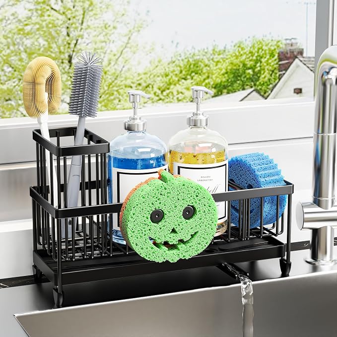 Moforoco Larger Version Sponge Holder for Kitchen Sink, Sink Caddy with High Brush Holder, Kitchen Sink Organizer Countertop Rustproof 304 Stainless Steel (Black with Smiley Face Holder) by MOFOROCO