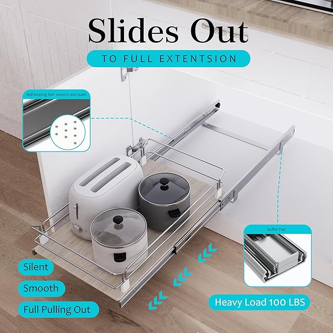 Pull Out Cabinet Organizer 17.45" W X 22" D, Wood & Chromed | Full Slide Out Drawers For Kitchen Cabinets, Cabinets Capacity Heavy Duty Caddy, Cabinet Pullout Shelves , Pantry Storage - Image 3