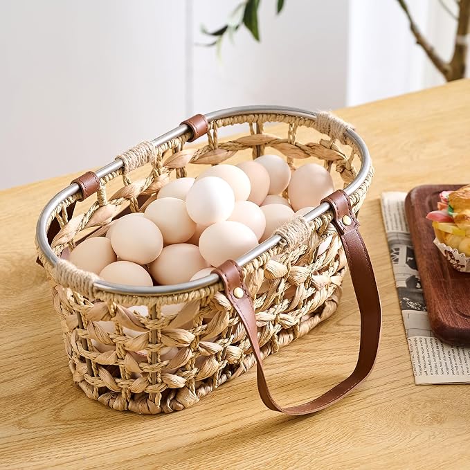 Egg Baskets for Collecting Fresh Eggs Farmhouse Handmade Wicker Hyacinth Egg Collecting Basket with Handle - Image 2