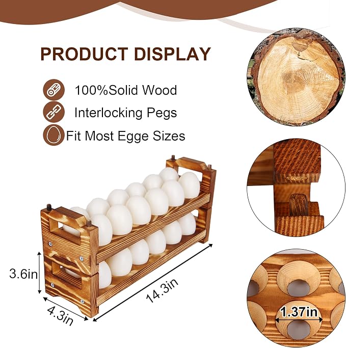 Wooden Egg Holder Fresh Egg Holders Countertop Firewood Egg Collecting Rack for Gathering Fresh eggs, Stackable with 24 eggs, Home Kitchen Organizer, Set of 2 PCS - Image 2