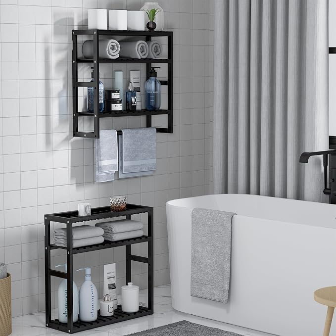PPN Towel Rack Bathroom Storage Shelves Over The Toilet with Towel Bar 100% Bamboo Adjustable Height Floating Shelf Wall Shower Shelf for Small Space Bathroom Kitchen Multi Usage (Black-2Pack) - Image 3