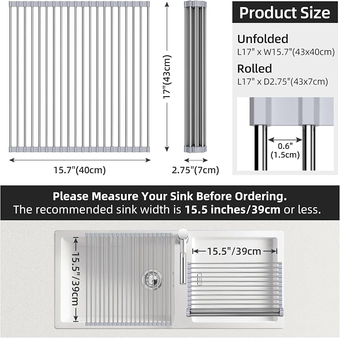 Roll Up Dish Drying Rack Over Sink, 17" x 15.7", Stainless Steel with Non-Slip Silicone Ends, Gray - Image 5