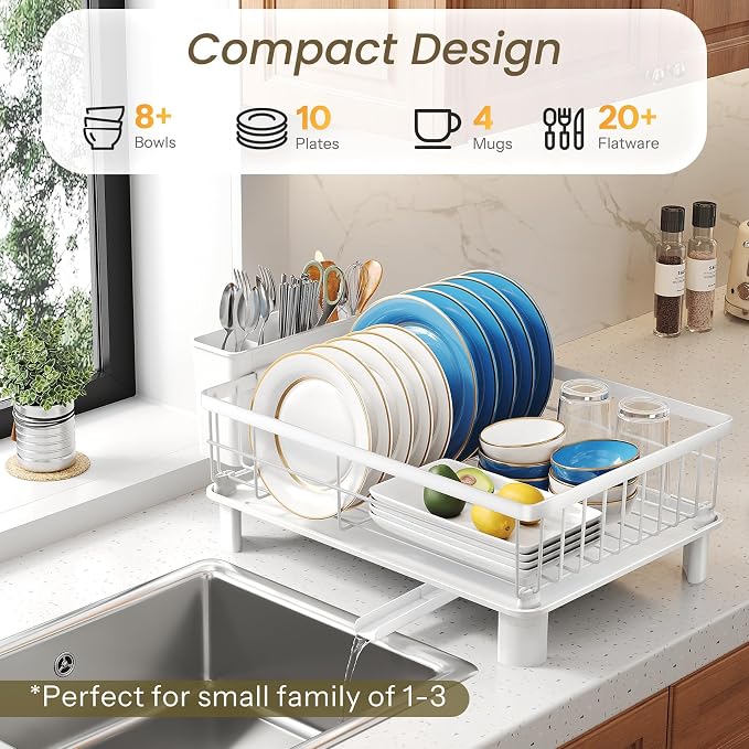 SNTD Dish Drying Rack for Small Kitchen Counter, 11" W x 15" L, White | Space Saving, Rotating Spout & Angled Drainboard for Quick Drainage, Stainless Steel, Removable Utensil Holder - Image 3