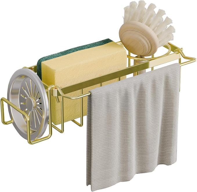 TAILI 4-in-1 Sponge Holder for Kitchen Sink with Strong Suction Cup-Gold | Removable Rustproof 304 Stainless Steel Multi-compartment Sponge Holder with Suction Cup, Keeps Brushes & Scrubbers Tidy - Image 9