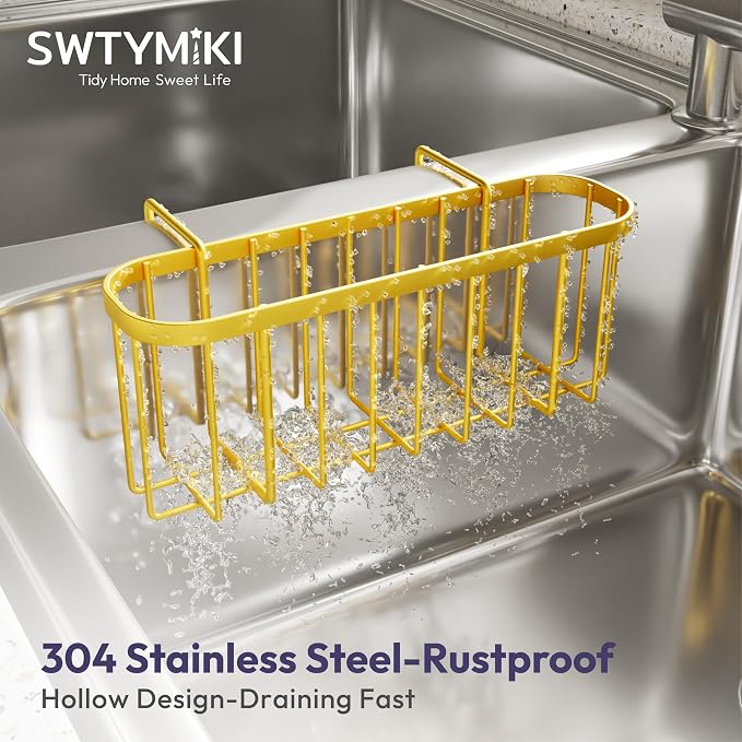 SWTYMIKI Sponge Holder for Kitchen Sink, Kitchen Sink Caddy Rustproof Sponge Caddy for Hanging 1.5” Middle Divider Double Bowl Sinks, No Suction Cups, Gold - Image 4