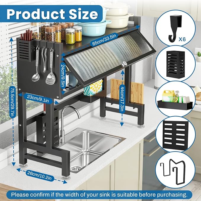 Over the Sink Dish Drying Rack – 3 Tier with Cover, Space-Saving Dish Drainer Organizer for Dishes, Glasses, Bowls & Cutlery, Tidy Kitchen Counter Storage Solution - Image 2