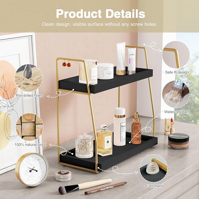Forbena Black and Gold Bathroom Organizer Countertop, 2 Tier Counter Organizer for Bathroom Decor, Modern Sink Shelf Organizers for Vanity Storage, Make upTray for Makeup Bedroom - Image 7