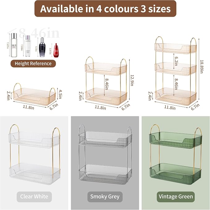 Akinbas 2 Tier Bathroom Organizer Countertop Makeup Perfume Tray Skincare Organizer for Bathroom Dresser Vanity (Gold) - Image 2