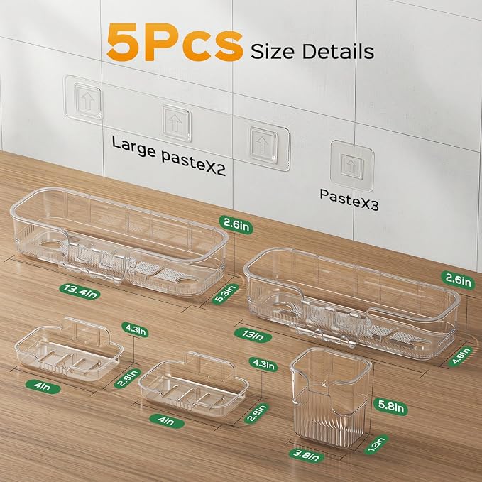 HAMITOR 5 Pack Adhesive Shower Caddy, Clear Transparent Shower Organizer | Modern Clear Design, Waterproof Adhesive Setup, Quick Drainage Shelves, Perfect for Homeowner, Apartments & Stylish Bathrooms - Image 9