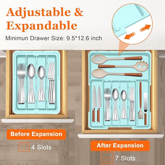 Silverware Organizer - Expandable Silverware Drawer Organizer Adjustable Drawer Organizer, Silverware Tray for Drawer15.2"x 19" Cutlery Drawer Organizer, Kitchen Organizers Storage, Turquoise - Image 3
