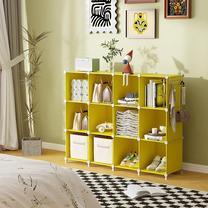 AWTATOS Cube Storage Organizer Closet Organizers 12 Cube Storage Shelves | Protable Closet for Kids DIY Stackable Cube Shelves Bookshelf Clothes Organizer for Bedroom, Home, Yellow - Image 4