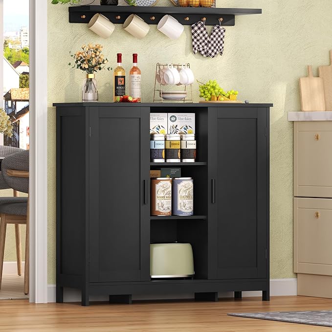 Iwell Storage Cabinet with 2 Doors and 4 Storage Shelves, Bathroom Cabinet, Cupboard for Living Room, Home Office, Entryway, Black - Image 2