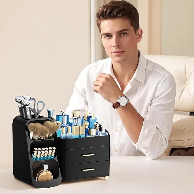 HBlife Cologne Organizer for Men Makeup Organizer with Brush Holder for Vanity, Large Plastic Bathroom Countertop Organizer Skin Care Storage, Fathers Day Gift for Dad Husband, All Black - Image 6