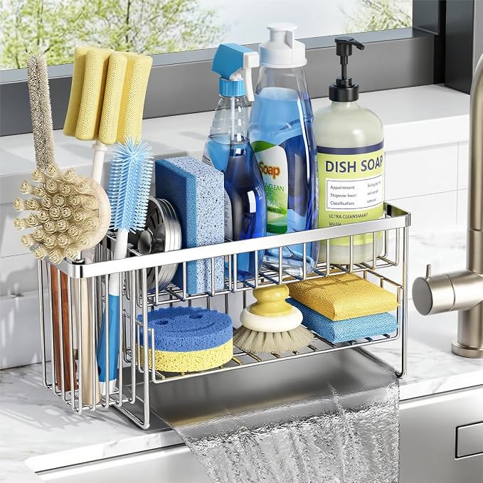 Cisily Silver 2-Tier Kitchen Sink Caddy Organzier Rack with Flexible Dish Brush Holder, Sponge Holder for Kitchen Sink Countertop Organization Storage,Home Decor Stainless Steel by CISILYHOMELIFE