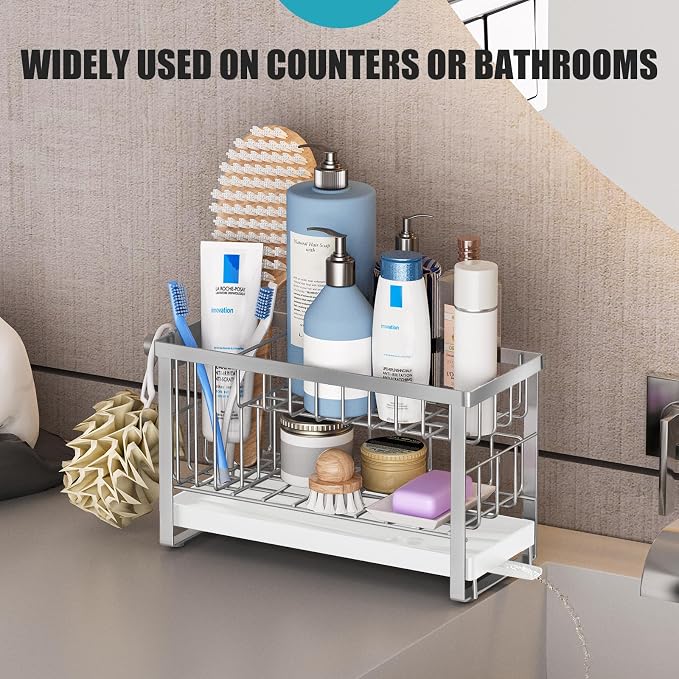 Sponge Holder for Kitchen Sink with Flexible Sink Caddy Smiley Face,2 Tier Kitchen Sink Organizer Countertop and Storage Essentials,Soap Dispenser Organize,Home Decor Accessories-Silver - Image 7