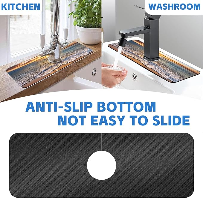 Faucet Mat for Kitchen Sink Seaside Scene Island Sink Splash Guard Behind Faucet Soft Diatom Mud Material Non-slip Easy to Clean for Bathroom & Kitchen 15"X5.5" - Image 7