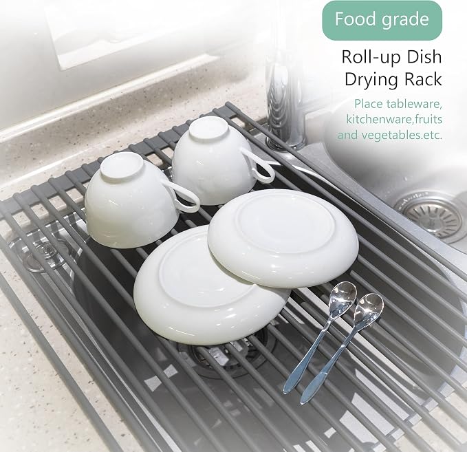 Bigdata&BetterLife Roll Up Dish Drying Rack Simple Large Space Saving Dish Drying Mat for Kitchen Foldable Silicone Coated Stainless Steel Heavy Duty Dry Rack(Black, 20.5" x 13.1") - Image 2