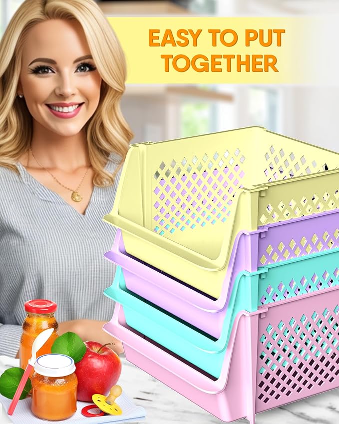 Large Stackable Storage Bins Open Front for Pantry Storage, 4 Pack - Multi | Sturdy Plastic, Easy Stacking, Open Front Access, Ventilated Sides, Vertical & Space Saving Pantry Organizers and Storage Bin - Image 5
