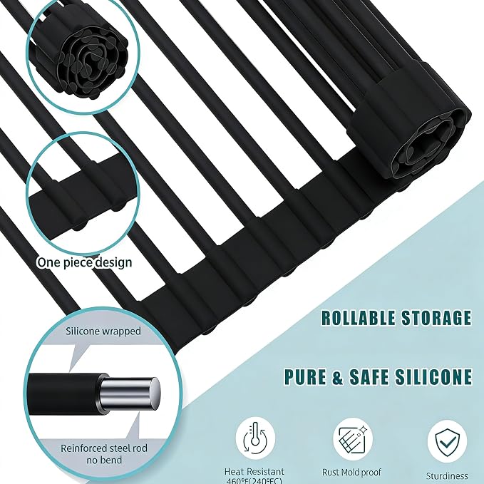 Cover The Sink Roll Up Dish Drying Rack 17.6"x15.4" Silicone Wrapped Foldable Anti-Slip Drainer for Kitchen Counter_Black new - Image 4