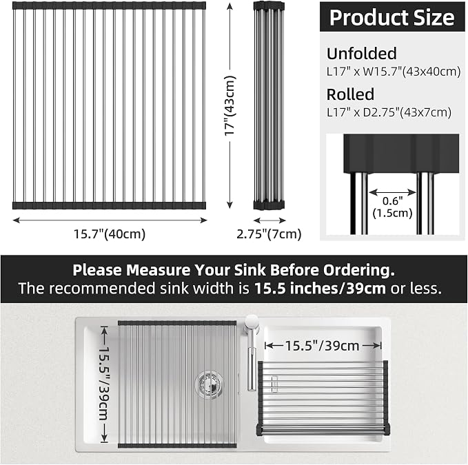 Dish Drying Rack, Roll Up Dish Drying Rack Over the Sink, 17" x 15.7", Dish Racks for Kitchen Counter, Black - Image 2