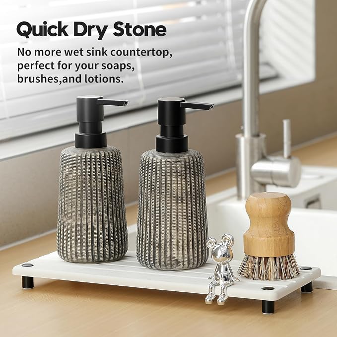Instant Dry Sink Caddy Kitchen Sink Organizer, Quick Drying Stone Tray Diatomite Sponge Holder Soap Dish, Bathroom Countertop Fast Dry Water Absorbing Vanity Rack, White, 12" x 5" - Image 2