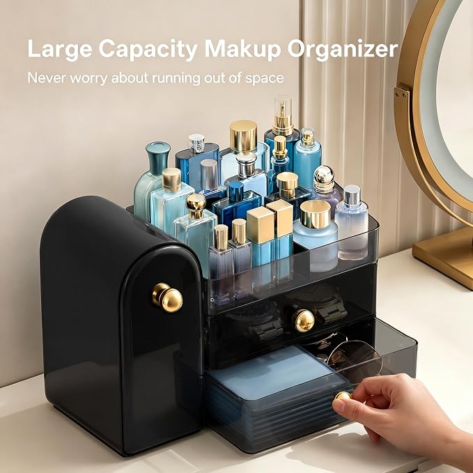 HBlife Makeup Organizer Countertop with Drawers, Cologne Organizer for Men, Vanity Organizers with Brush Holder, Bathroom Countertop Organizer Skin Care Storage, Gift for Dad Husband, Black and Gold - Image 4