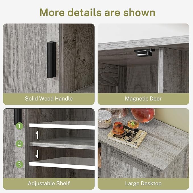 Iwell Storage Cabinet with 2 Doors and 4 Adjustable Shelves, Buffet Cabinet with Storage, Floor Cabinet for Living Room, Entryway, Kitchen, Rustic Gray - Image 6