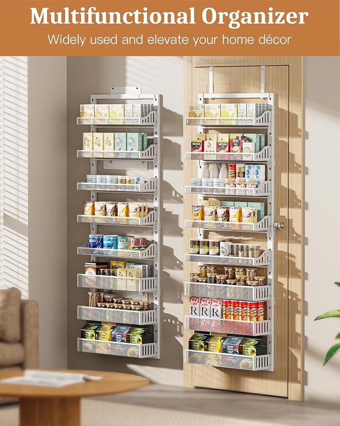 POKIPO Over the Door Pantry Organizer 8-Tier, Large Metal Door Spice Rack with Adjustable Basket, 2 in 1 Wall Mount or Hanging Heavy-Duty Pantry Door Storage Shelf for Kitchen and Bathroom, White - Image 4