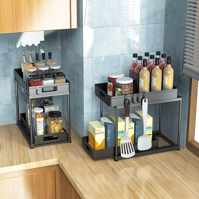 2 Pack Under Sink Organizer with Double Pull-Out Drawer, Black | 2-Tier Cabinet Storage, Kitchen & Bathroom, Tool-Free Assembly, Fits Cleaning Supplies & Toiletries, Space Saving - Image 5