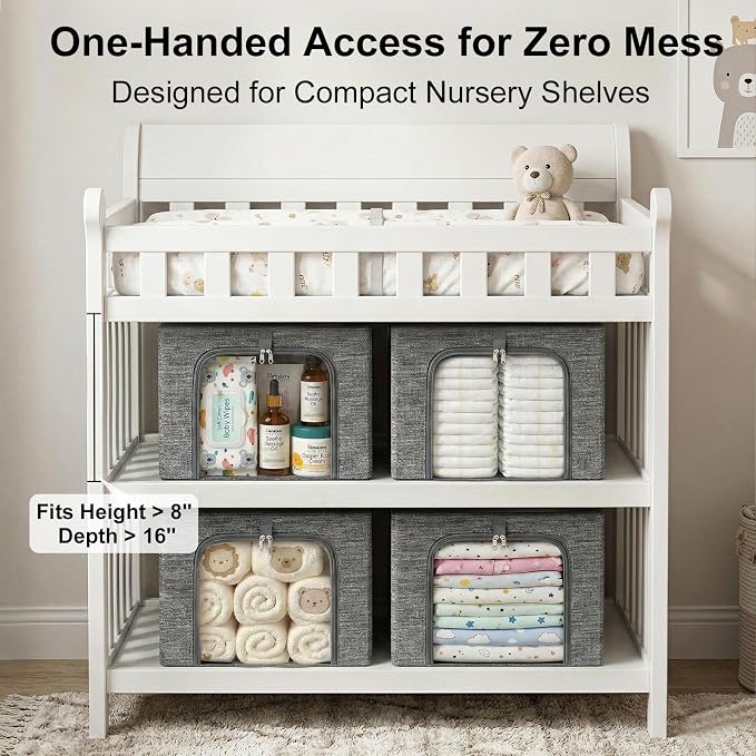 GoMaihe Baby Clothes Storage Bins with Metal Frame 27L 3-Pack Grey | Kids Toddler Child Clothing & Towels Small Items, Closet Top Shelf Boxes, Collapse-Proof Stackable, Clear Window Dual Access - Image 6