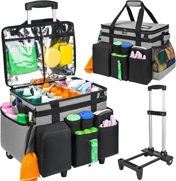 Cleaning Cadddy Bag with Rolling Cart, Large Cleaning Bag with Wheels | Cleaning Supplies Organizer with Detachable Trolley for Housekeepers, Housekeeping Cleaning Cart with Shoulder Strap & Handle by Jaffzora