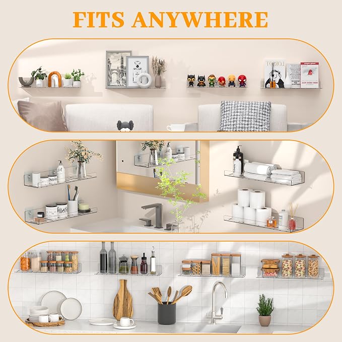LAZYROSY 6 Pack Floating Shelves - Clear Acrylic/PET Wall Mounted Non-Drilling Storage Rack with Adhesive, Invisible Bathroom and Bedroom Shelves for Kitchen, Living Room, Clear Decoration - Image 6