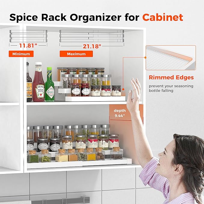 Expandable Spice Rack Organizer for Cabinet - 3 Tier Adjustable Cabinet Spice Organizer Easy Visibility - Spice Organizer for Cabinet Countertop Cupboard Pantry Organization (White) - Image 4