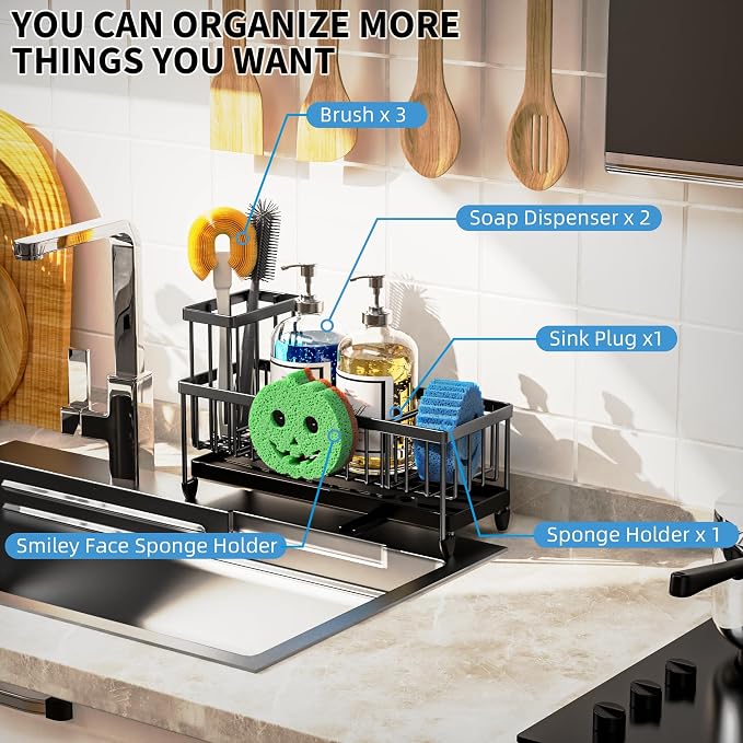 Moforoco Larger Version Sponge Holder for Kitchen Sink, Sink Caddy with High Brush Holder, Kitchen Sink Organizer Countertop Rustproof 304 Stainless Steel (Black with Smiley Face Holder) - Image 6