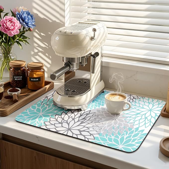 Findosom 2PCS 12" x 20" Dish Drying Mat & 24" x 5.5" Sink Splash Guard, Super Absorbent & Cuttable Dish Mat Drying Kitchen Mat with Teal Floral, Hide Stain Drying Mat for Kitchen Counter - Image 7