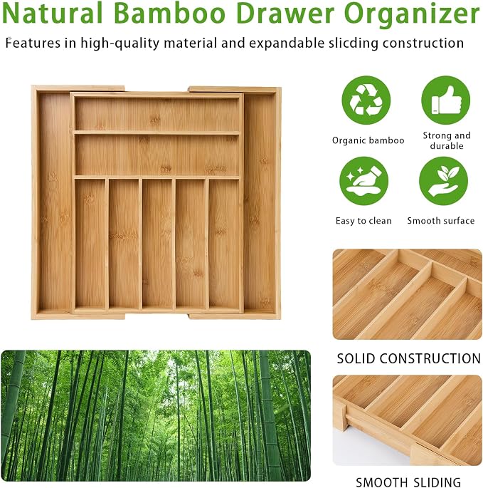 Bamboo Expandable Silverware Drawer Organizer, Adjustable Utensil Tray Cutlery Holder for Kitchen Drawer, Flatware Storage Organizer for Spoons, Forks and Knives, Natural (7 Slot,) - Image 3