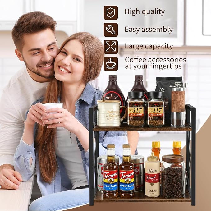 YINMIT Countertop Shelf Organizer,Coffee Bar Accessories,Spice Rack,Coffee Counter Shelf,2 Tier Coffee Organizer Station for Mugs,Cups,Cream,Syrup(Rustic Brown,Large) - Image 7