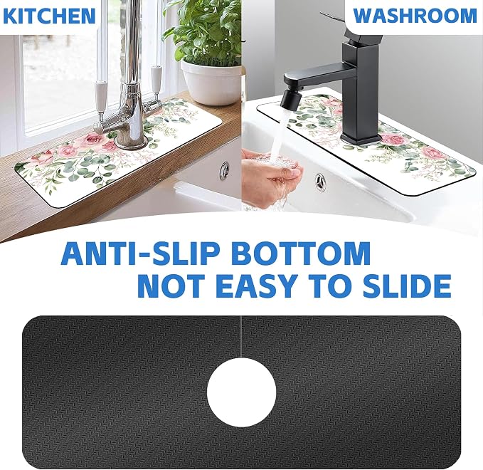 Faucet Mat for Kitchen Sink Watercolor Floral Pink Flowers Sink Splash Guard Behind Faucet Soft Diatom Mud Material Non-slip Easy to Clean for Bathroom & Kitchen 15"X5.5" - Image 7