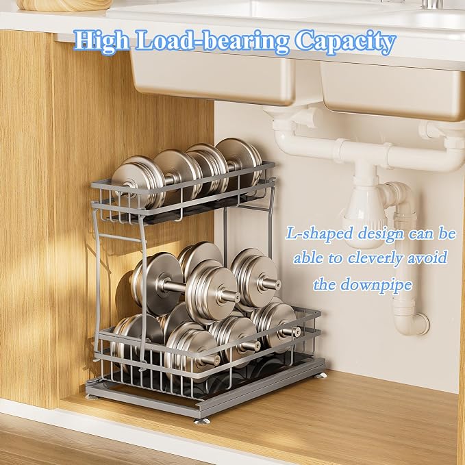 2 Pack Under Sink Organizers and Storage, 2 Tier Pull Out Cabinet Organizer, Metal Sliding Drawer Storage for Kitchen Bathroom，Gray - Image 6