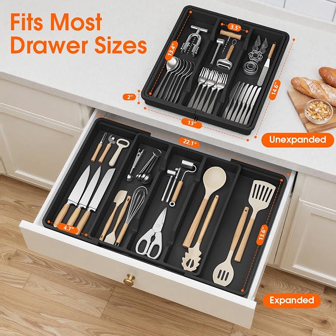 Large Expandable Silverware Drawer Organizer, Utensil Tray | Kitchen Drawer Organizer for Spoons/Forks/Knives, Multipurpose & BPA Free Cutlery Tray (1 Pack, Black) - Image 2