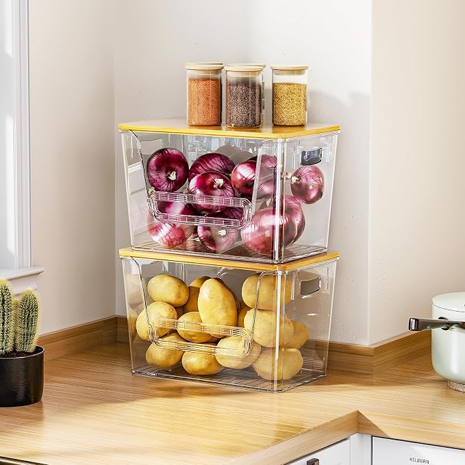 Delamu 4 Pack Pantry Organizers and Storage,Trash Bag Dispenser with Bamboo Top,Stackable Trash Bag Dispenser Under Sink Organizer for 4-30 GalBags,Onion,Potato,Fruits,Clear - Image 8