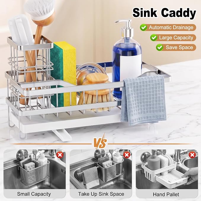 Sponge Holder for Kitchen Sink, Self-draining Sink Caddy with Towel Rack and Brush Holder, Metal Kitchen Countertop Organizers and Storage Essentials, Silver - Image 5