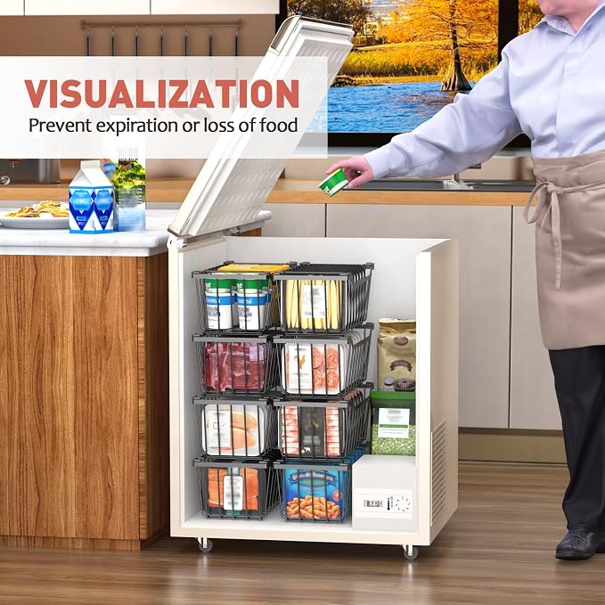 Goovilla Freezer Organizer Bins for 5-7 Cu.FT Chest Freezer, 8 Pack Black | Foldable Handle Stackable Freezer Baskets, Coated Metal Freezer Storage Bins with Better Space Utilization, Deep Organization - Image 6