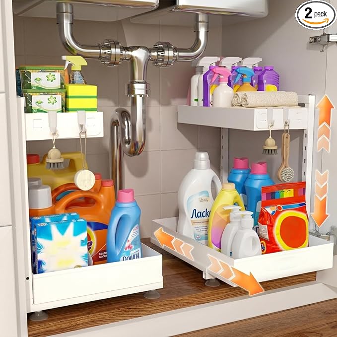 Under Sink Organizer 2 Pack, 2-Tier Metal Slide-Out, Height Adjustable | 2-pack pull-out under sink shelf, 2-tier cream white metal, adjustable height, fits U-pipes, 50lbs hold by Unknown