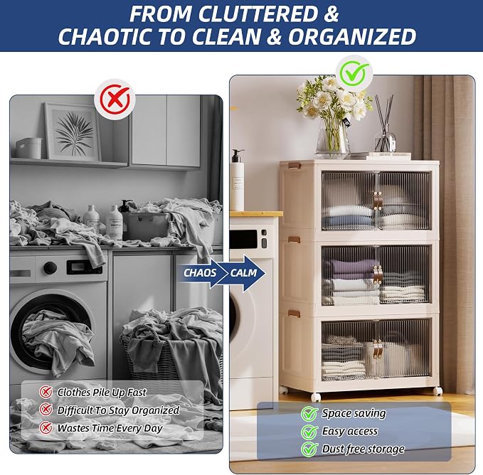 SAILUN 348Qt Stackable Storage Bins,Storage Cabinet a Lid,3Pack Blush White | Stackable Storage Drawers with Lids,26" W x 17" D x 43.7" H,Featuring open-front Access for Clothes and Closet Storage - Image 2