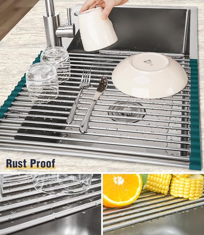 Tomorotec Roll Up Dish Drying Rack Over Sink,304 Steel,17.7x15.5,DarkGreen | Anti-Slip Silicone Rims For Grip, Heat-Resistant Trivet Mat Holding Heavy Cookware, Rustproof Kitchen Counter Space Saver - Image 2