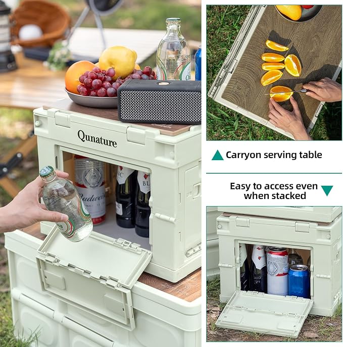 Collapsible Camping Storage Bin 60L with Lockable Doors & Cutting Board | Folds Flat, Stackable, 111 lbs Capacity, Removable Wood Board Top, 60L - Image 4