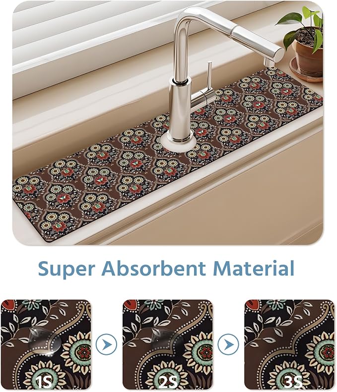 Patterned Sink Faucet Mat Kitchen Splash Guard Super Absorbent Drying Mat, Non-Slip Drain Pad for Kitchen Counter or Bathroom-15x5.5in - Image 5