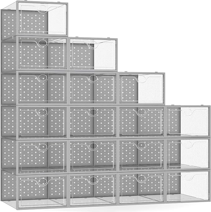 18 Pack X-Large Shoe Storage Boxes Grey Shoe Organizer | Clear Plastic Stackable, Fit US Size 11, 6.2” Height, Shoe Dispaly Case Holder Bins Sneaker Storage for Sneakerheads by Pinkpum